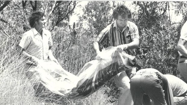 Detectives moving one of the bodies from Spear Creek in October 1978.