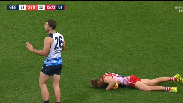 Geelong forward Tom Hawkins could face some scrutiny from the MRO after an errant elbow floored his opponent