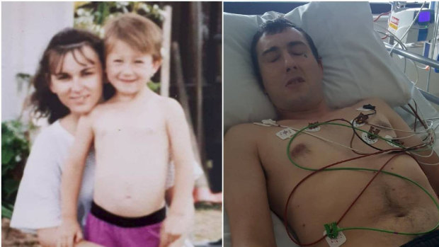Mother and son before drugs entered their world, left, James lies in intensive care after a drug overdose, right.