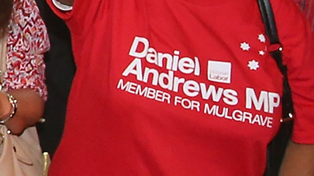 A Labor supporter wears the “red shirt” for Daniel Andrews’ election in 2014.