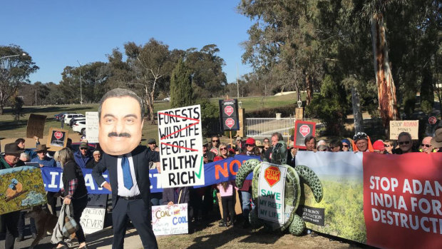 Anti-Adani protesters gathered Saturday outside the Indian High Commission in Canberra, with a smaller group also staging an event at the country's consulate in Sydney. 
