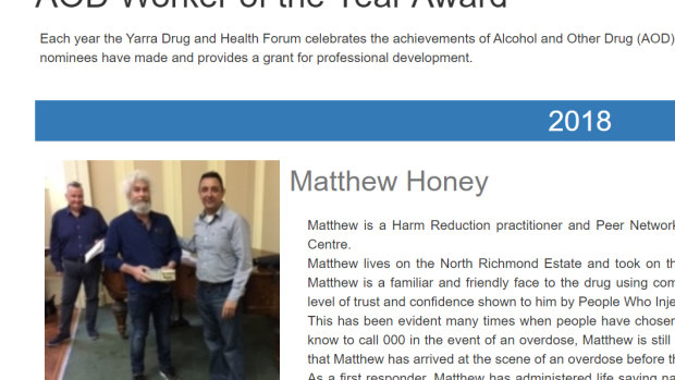 Matthew Honey won Yarra Drug and Health Forum's Worker of the Year Award in 2018.