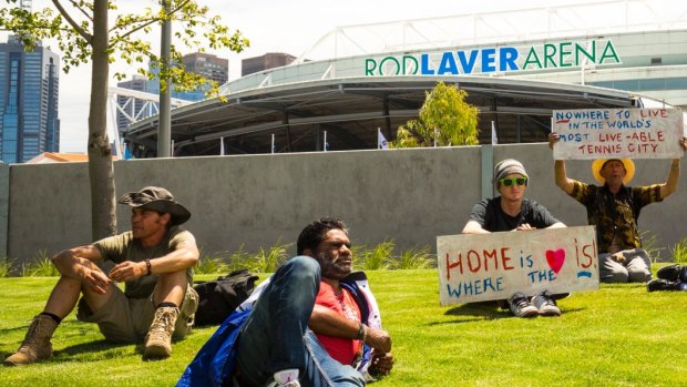 A group of Melbourne's homeless staged a protest outside Rod Laver arena in 2017.