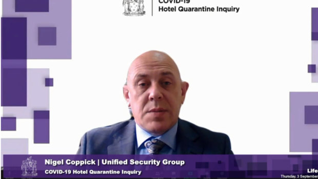 Unified Security's Nigel Coppick before the hotel quarantine inquiry.