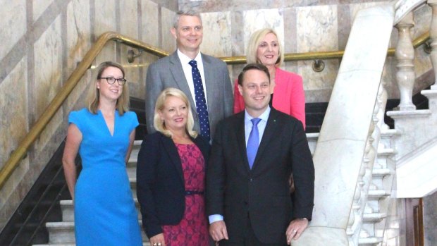 Deputy mayor Krista Adams and lord mayor Adrian Schrinner (front) with incoming councillors Fiona Cunningham (Coorparoo), James Mackay (Walter Taylor) and Tracy Davis (McDowall).