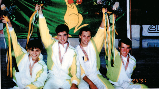 Steven Bradbury (left) on the podium at Macquarie Ice Rink in 1991.