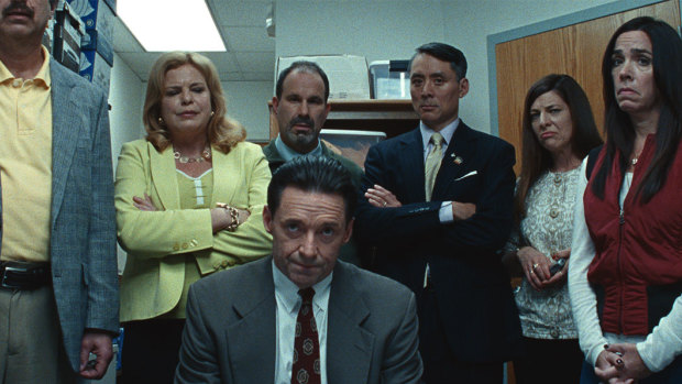 Hugh Jackman (centre) in Bad Education, directed by Cory Finley.