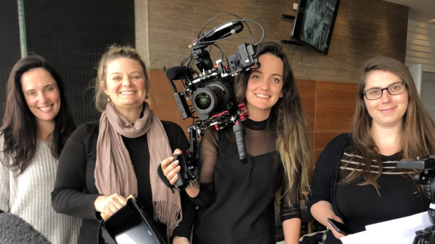 Alicia Eames, Megan Doneman, Natalie Sim and Rachel Storey are among the crew making a documentary about the Queensland women's State of Origin team.