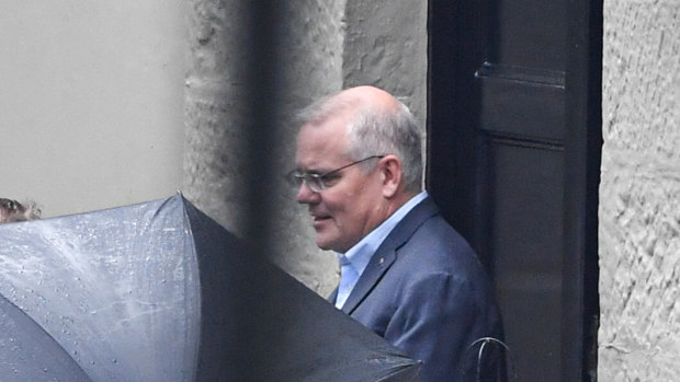 Incumbent Prime Minister Scott Morrison leaves Kirribilli House with his family in Sydney.