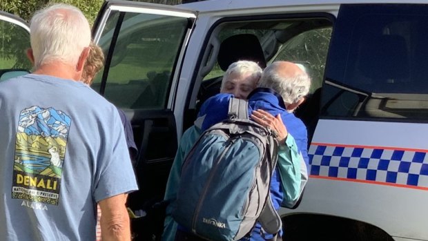 Madeleine Nowak, 73, is reunited with her husband after spending three nights missing on Fraser Island.