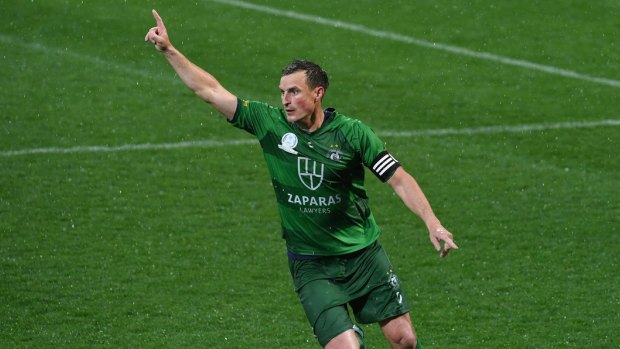 Level pegging: Bentleigh Greens captain Jack Webster celebrates scoring the equaliser against Avondale FC.