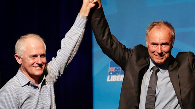 Prime Minister Malcolm Turnbull and John Alexander during the election night function at the Ryde Leagues Club last year. 