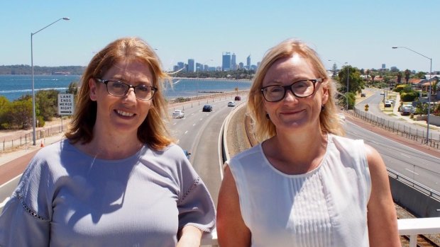 Transport Minister Rita Saffiori and Bicton MLA Lisa O'Malley at the Cale Street footbridge above Kwinana Freeway. 