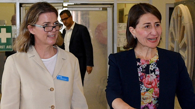 NSW Premier Gladys Berejiklian and managing director of TAFE NSW Caralee McLiesh, left, at Miller TAFE in south-west Sydney on Wednesday.