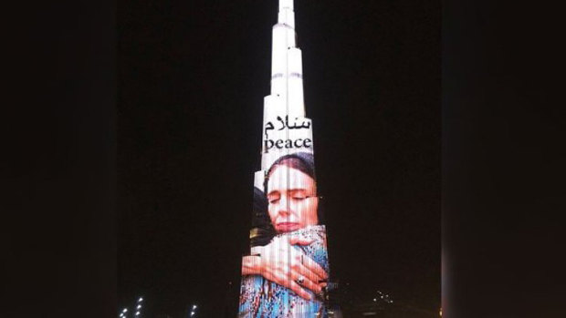 In the wake of the massacre, an image of New Zealand Prime Minister Jacinda Ardern was projected onto the world's tallest building, the 829.8-metre Burj Khalifa in Dubai.