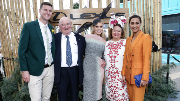 Lindsay Fox, Lady Kitty Spencer and Gina Rinehart, among others, pose for a photo on Cup Day.