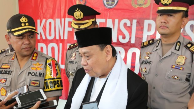Ahmad Mukri Aji, the head of the Bogor branch of the MUI, the Indonesia Ulema Council, appeals for calm at a press conference organised by police after the dog in the mosque incident. 