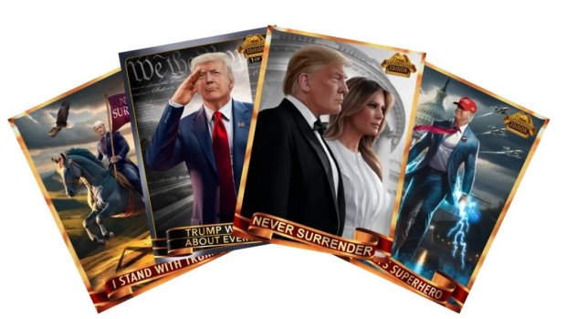 The digital trading cards depict Trump in various forms, including superhuman, and riding a horse holding a “never surrender” flag. 