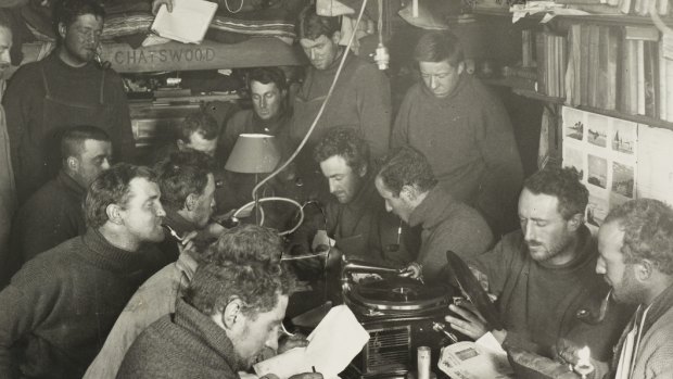 Australian Antarctic Expedition members inside their living quarters, 1911-1914.