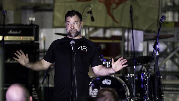 Anthony “Lehmo” Lehmann performs a comedy set at the Al Minhad Air Base, United Arab Emirates in 2019.   
Reproduced courtesy of the Australian Defence Force
