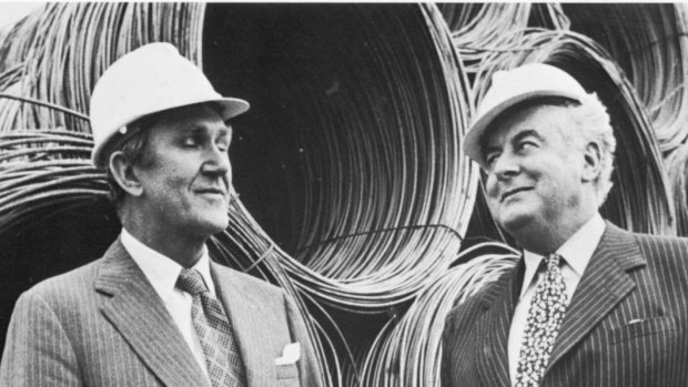 Prime Minister Malcolm Fraser and Gough Whitlam in 1976. Fraser blocked supply in the Senate to cause a deadlock, leading to Whitlam's dismissal.