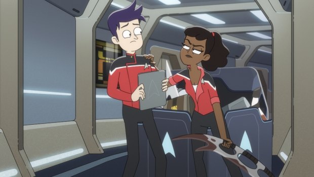 Ensign Brad Boimler (Jack Quaid) and Ensign Beckett Mariner (Tawny Newsome) in Star Trek: Lower Decks.