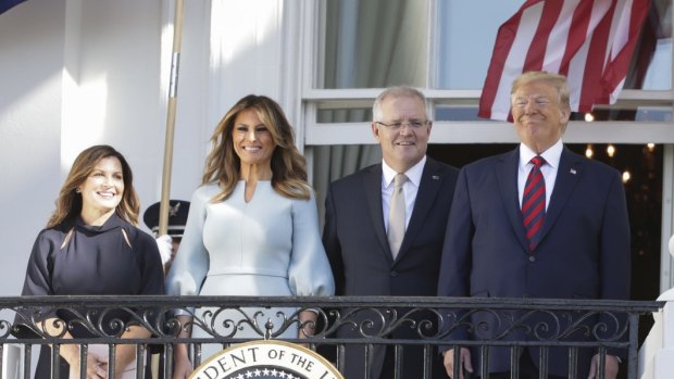 Jenny Morrison, US first lady Melania Trump, Prime Minister Scott Morrison and US President Donald Trump during a ceremonial welcome at the White House.
