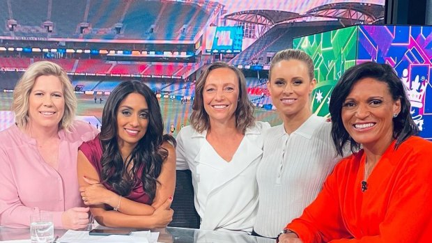 Fox Sports Megan Barnard (second from the right) with Fox Cricket colleagues. 