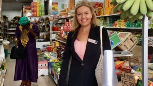 Brimbank councillor Virginia Tachos posing in a grocery store in St Albans, in a photo published to her then-public Instagram account on April 17.