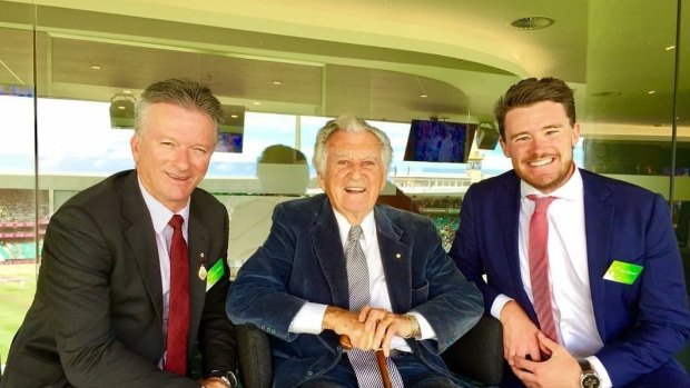 Canberra's Mick Spencer (right) with Aussie legends, former Australian cricket captain, Steve Waugh, and former prime minister, Bob Hawke.