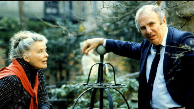 Clive James with Katherine Hepburn in Manhattan, 1983. James loved celebrity, and for a man who projected himself as left of centre, he had a cloying romanticism about members of the British royal family.
