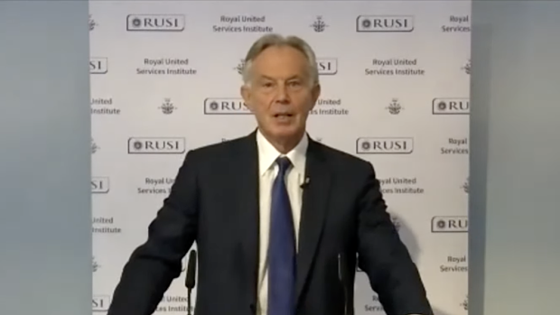 Former British Prime Minister Tony Blair addressing the RUSI think tank on Monday.