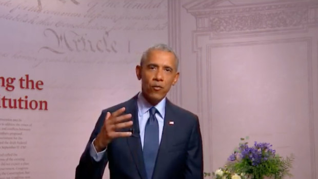 Barack Obama speaking to the DNC.