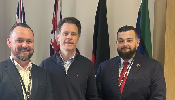NSW RSL president Mick Bainbridge (left), Premier Chris Minns and Paul James, NSW RSL board member and Bainbridge’s business partner.