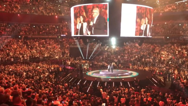 Scott Morrison attends a Hillsong service in July 2019, before COVID-19 shut down physical services.