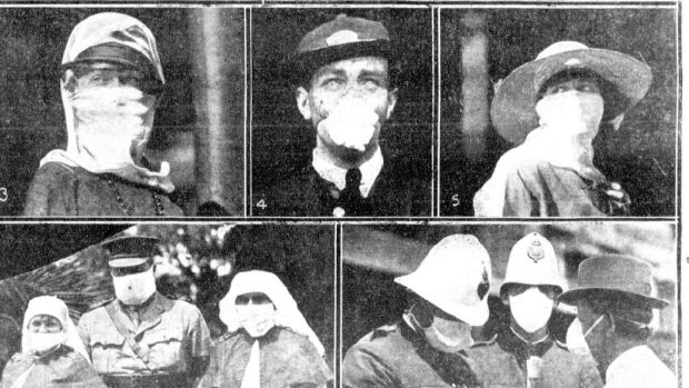 Sydneysiders wearing masks during the Spanish flu outbreak. From the Mirror, February 7, 1919.
