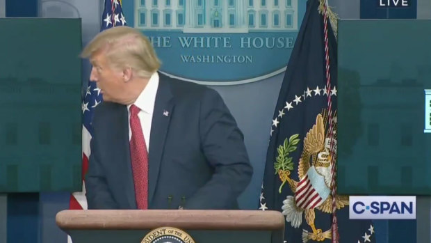 US President Donald Trump abruptly leaves the podium just minutes into a press briefing at the White House. 