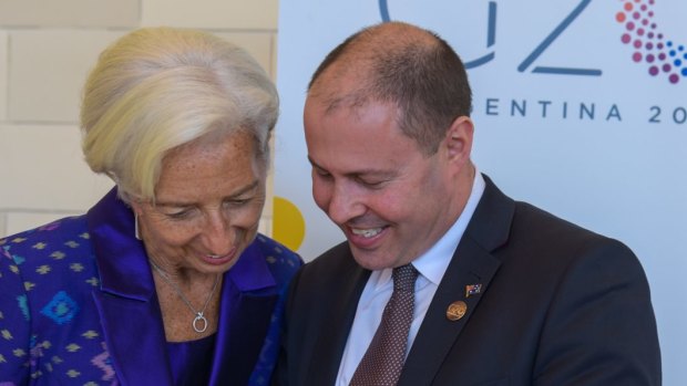  IMF managing director Christine Lagarde with Treasurer Josh Frydenberg at the G20 meeting in Bali on October 12, 2018