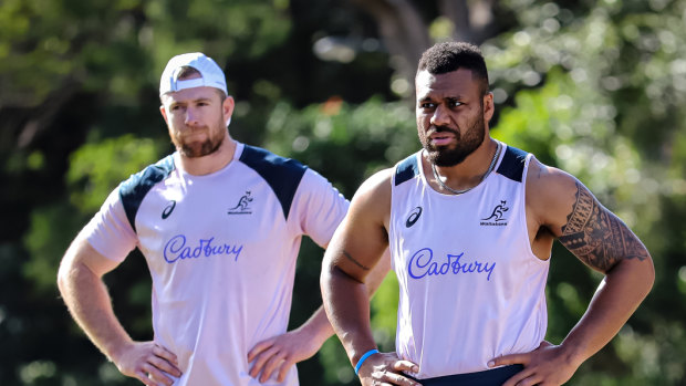 Jed Holloway (left) and Samu Kerevi (right) at Wallabies training on the Sunshine Coast. 