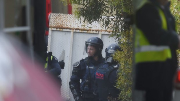 Police in riot gear outside the Parkville Youth Justice Centre in 2017. 