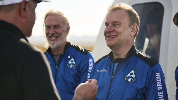 British billionaire Hamish Harding (right), who is onboard the submersible, after a flight to space in June 2022.