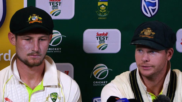 Dark chapter: Cameron Bancroft and Steve Smith admit to the ball tampering in Cape Town. 
