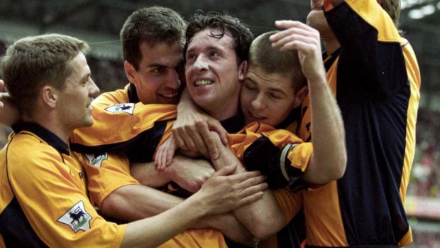 Kop stars: Markus Babbel celebrates with Robbie Fowler, Michael Owen and Steven Gerrard after Fowler's opener in a 4-0 win over Charlton which clinched a Champions League qualification for Liverpool in 2001.
