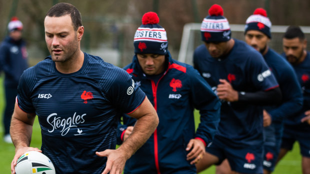 Leading man: Boyd Cordner leads the warm-ups at a Sydney Roosters training session at INSEP Paris, against Toulouse Olympique. 