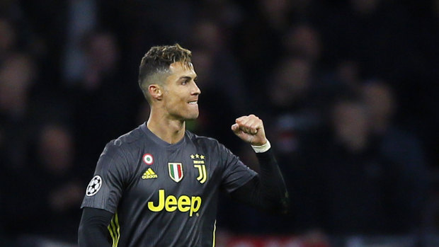 Cristiano Ronaldo celebrates his goal for Juventus against Ajax in Amsterdam.
