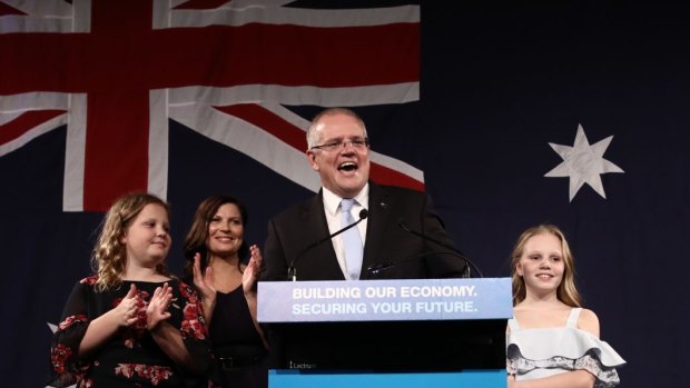 Scott Morrison takes to the stage on Saturday night with wife Jenny and children Abbey and Lily to declare his election victory a miracle.