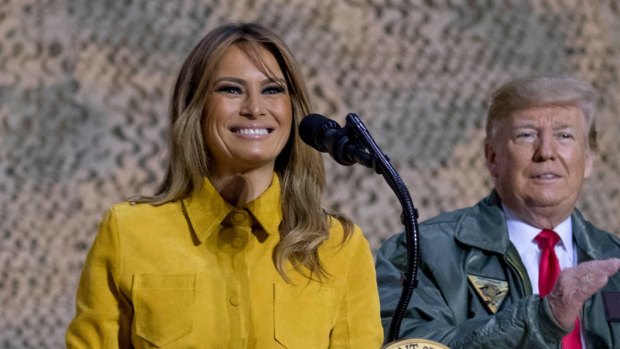 First lady Melania Trump, left, accompanied by President Donald Trump, at a US airbase in Iraq last December. 