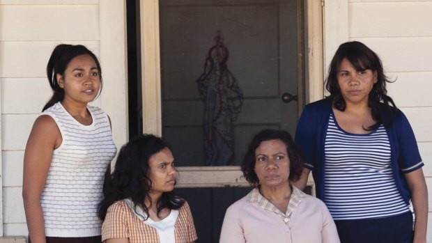 From left, Julie (Jessica Mauboy), Cynthia (Miranda Tapsell), Geraldine (Kylie Belling) and Gail (Deborah Mailman) in a scene from The Sapphires. 