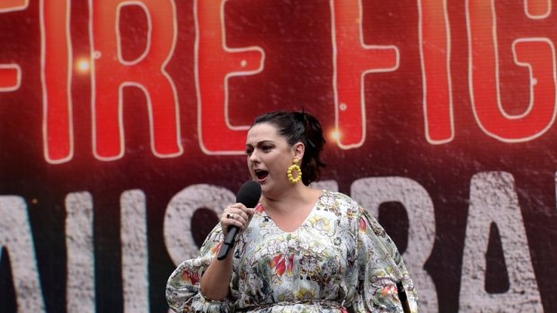 Celeste Barber on stage at a Fire Fight bushfire relief concert in February. 