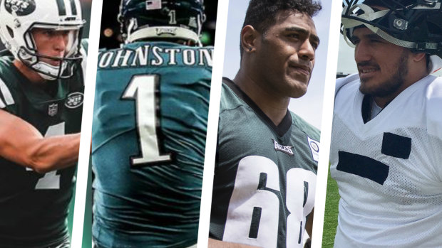 Culture shock: Australians Cameron Johnston, Lachlan Edwards, Jordan Mailata and Holmes have had varying levels of success in the NFL. 